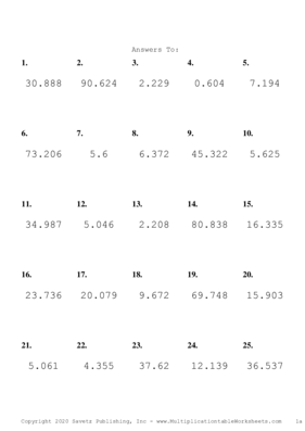 Two Decimal by One Decimal Problem Set K Answers