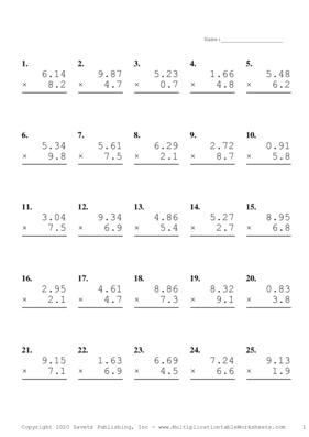 Two Decimal by One Decimal Problem Set L Multiplication Worksheet