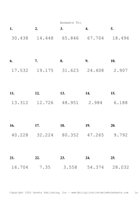 Two Decimal by One Decimal Problem Set M Answers