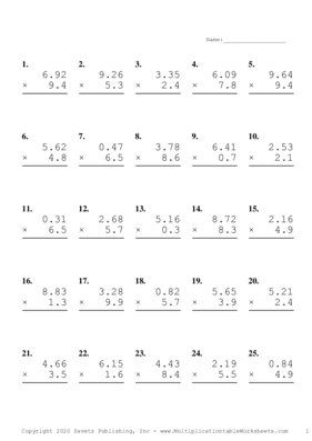 Two Decimal by One Decimal Problem Set N Multiplication Worksheet