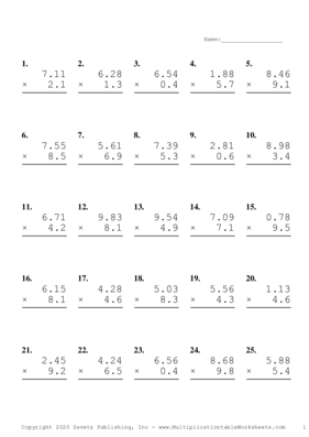Two Decimal by One Decimal Problem Set O Multiplication Worksheet