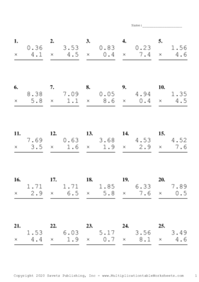 Two Decimal by One Decimal Problem Set R Multiplication Worksheet