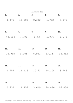 Two Decimal by One Decimal Problem Set R Answers