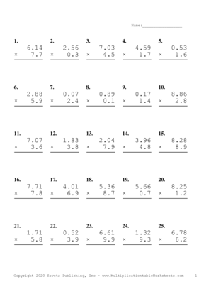 Two Decimal by One Decimal Problem Set S Multiplication Worksheet