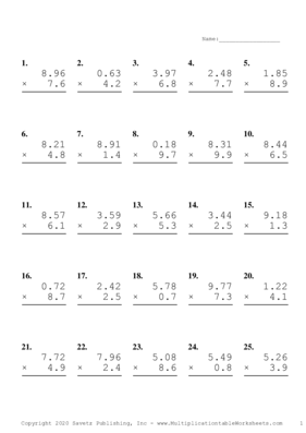 Two Decimal by One Decimal Problem Set T Multiplication Worksheet