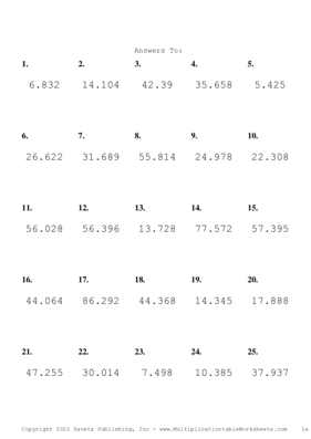 Two Decimal by One Decimal Problem Set U Answers