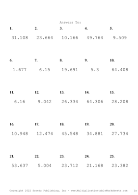 Two Decimal by One Decimal Problem Set W Answers