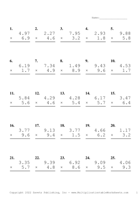 Two Decimal by One Decimal Problem Set X Multiplication Worksheet
