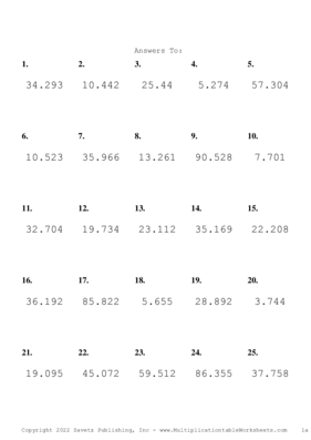 Two Decimal by One Decimal Problem Set X Answers