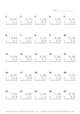Two Decimal by One Decimal Problem Set Y Multiplication Worksheet
