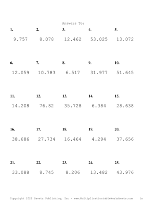 Two Decimal by One Decimal Problem Set Y Answers