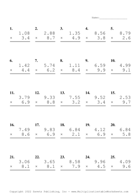 Two Decimal by One Decimal Problem Set Z Multiplication Worksheet