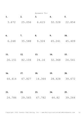 Two Decimal by One Decimal Problem Set Z Answers