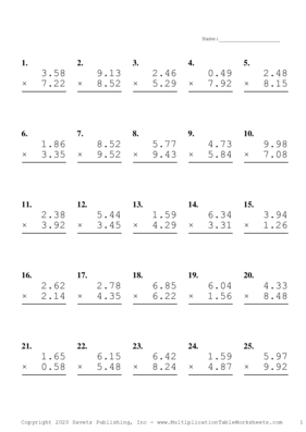 Two Decimal Problem Set A Multiplication Worksheet