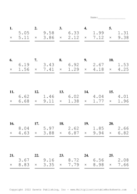 Two Decimal Problem Set AA Multiplication Worksheet