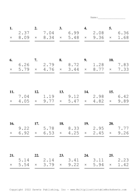 Two Decimal Problem Set AB Multiplication Worksheet