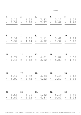 Two Decimal Problem Set AM Multiplication Worksheet