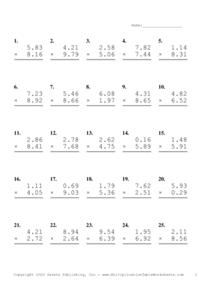 Two Decimal Problem Set B Multiplication Worksheet