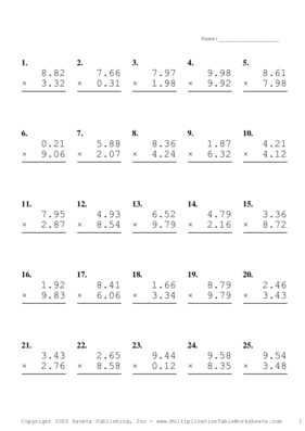 Two Decimal Problem Set H Multiplication Worksheet