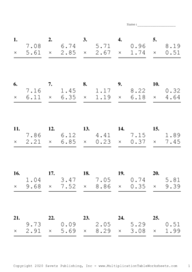 Two Decimal Problem Set J Multiplication Worksheet