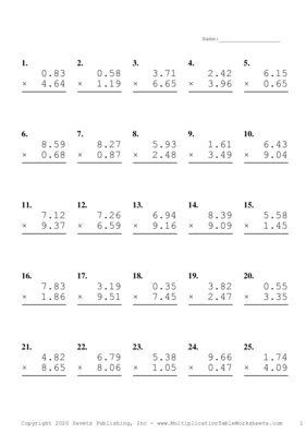 Two Decimal Problem Set N Multiplication Worksheet