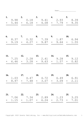 Two Decimal Problem Set P Multiplication Worksheet
