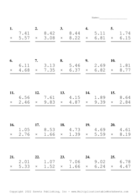 Two Decimal Problem Set V Multiplication Worksheet