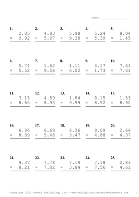 Two Decimal Problem Set X Multiplication Worksheet
