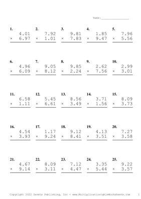 Two Decimal Problem Set Z Multiplication Worksheet