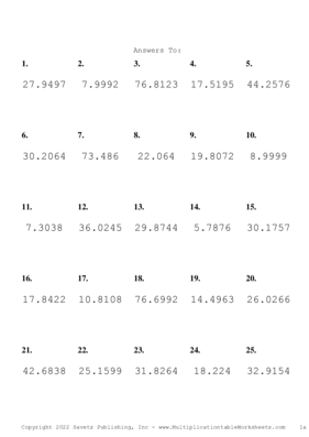 Two Decimal Problem Set Z Answers