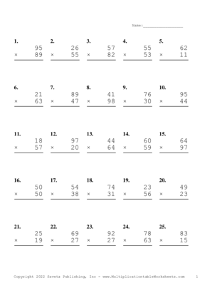 Double Digits Problem Set AG Multiplication Worksheet