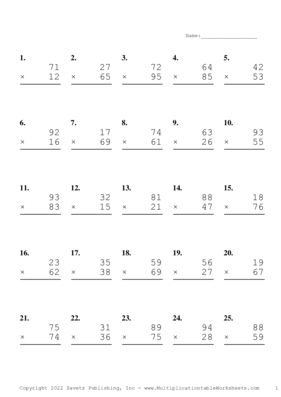 Double Digits Problem Set AH Multiplication Worksheet