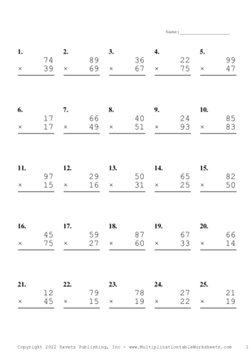 Double Digits Problem Set AQ Multiplication Worksheet