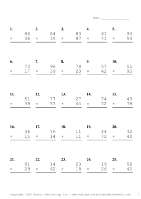 Double Digits Problem Set BC Multiplication Worksheet