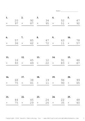 Double Digits Problem Set BG Multiplication Worksheet