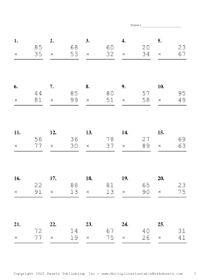 Double Digits Problem Set T Multiplication Worksheet