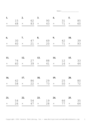 Double Digits Problem Set X Multiplication Worksheet