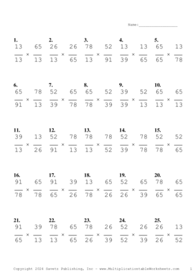 Simplify by 13 Problem Set B Multiplication Worksheet