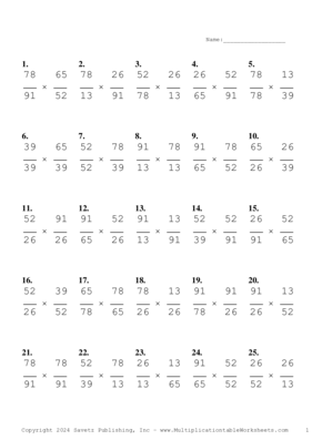 Simplify by 13 Problem Set K Multiplication Worksheet