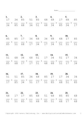 Simplify by 17 Problem Set B Multiplication Worksheet