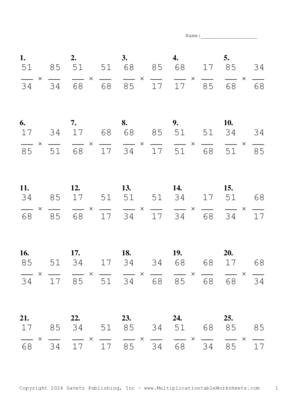 Simplify by 17 Problem Set E Multiplication Worksheet