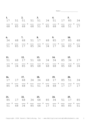 Simplify by 17 Problem Set G Multiplication Worksheet