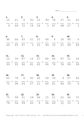 Simplify by 3 Problem Set AF Multiplication Worksheet