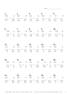 Simplify by 3 Problem Set AG Multiplication Worksheet