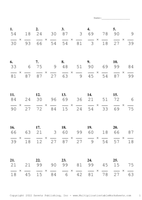 Simplify by 3 Problem Set N Multiplication Worksheet