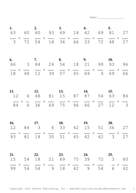 Simplify by 3 Problem Set X Multiplication Worksheet