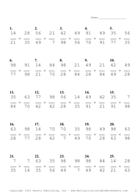 Simplify by 7 Problem Set AA Multiplication Worksheet