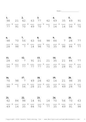 Simplify by 7 Problem Set AN Multiplication Worksheet