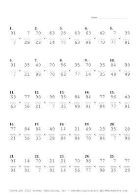 Simplify by 7 Problem Set K Multiplication Worksheet