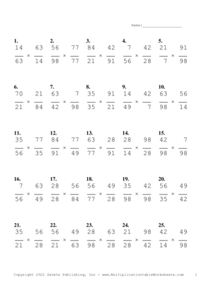 Simplify by 7 Problem Set L Multiplication Worksheet